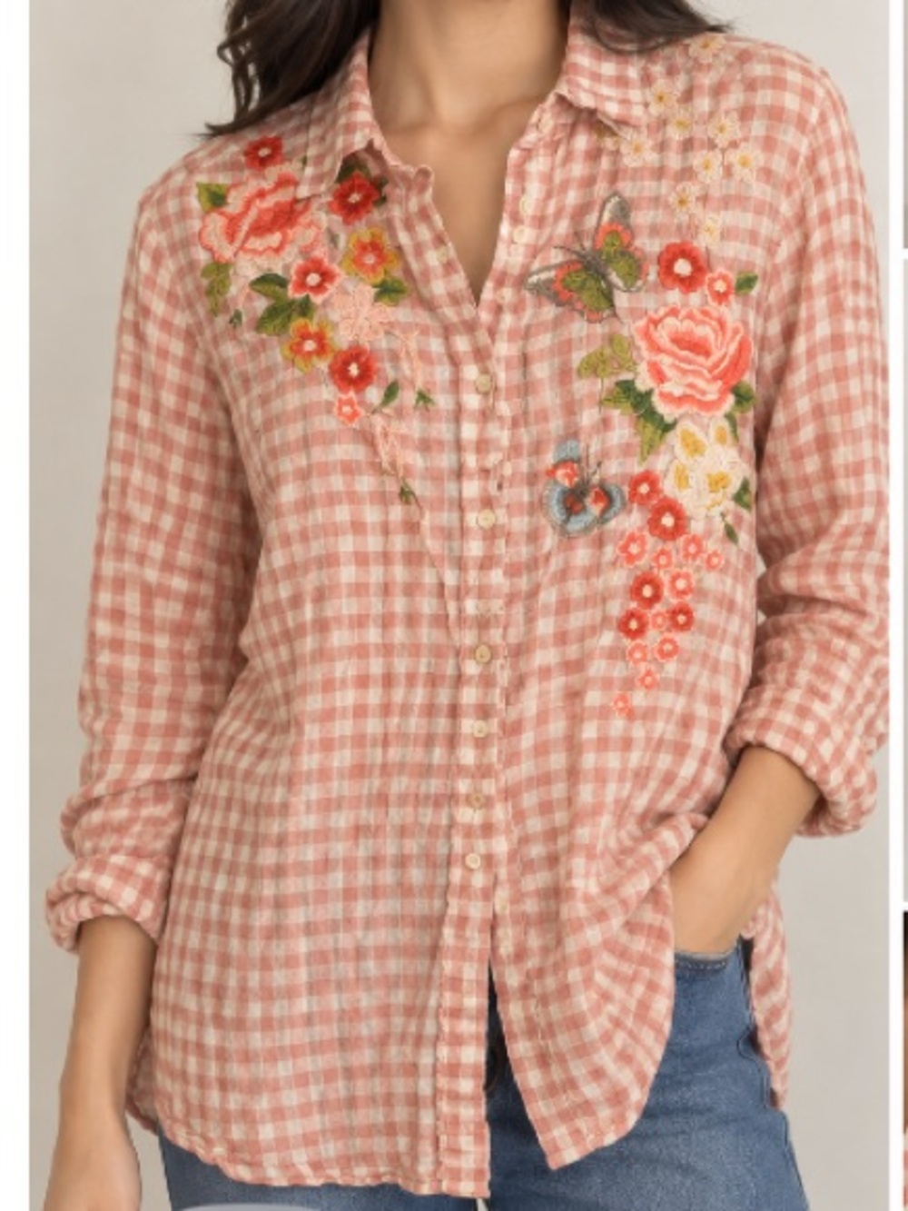 Johnny Was Pink Gingham Embroidered Button-Down Shirt